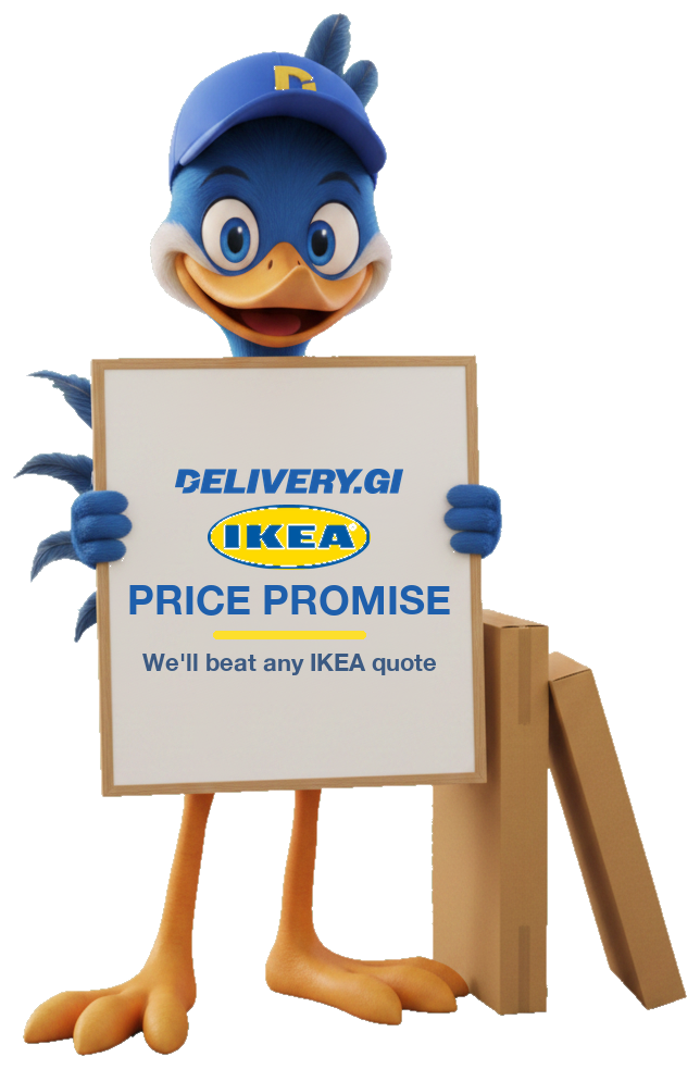 Danny, the Delivery.gi mascot, holding a Price Promise sign — we'll beat any Gibraltar quote