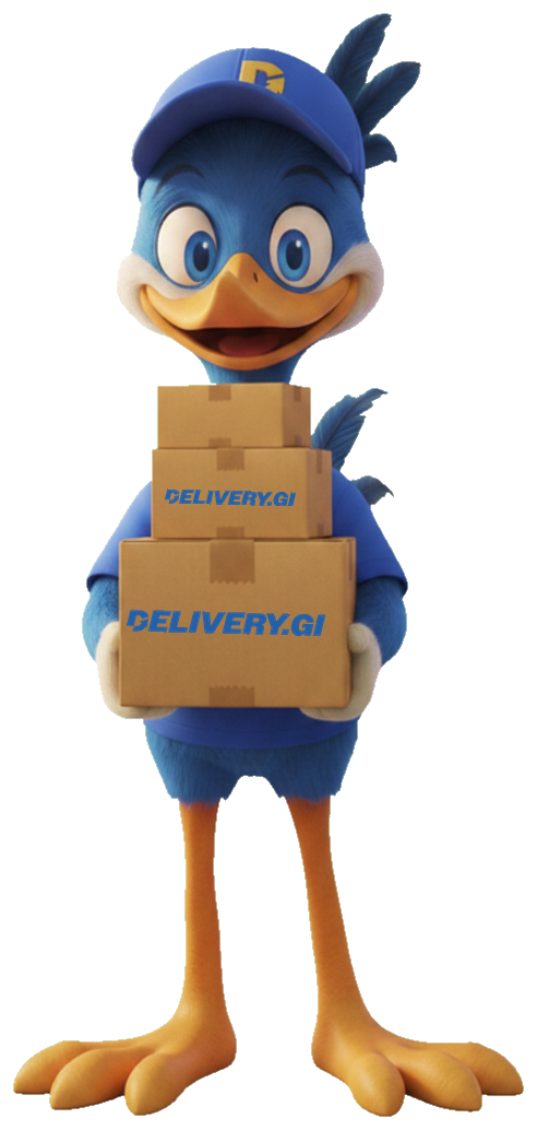 Danny, the Delivery.gi mascot, carrying a stack of Delivery.gi-branded parcels for Gibraltar