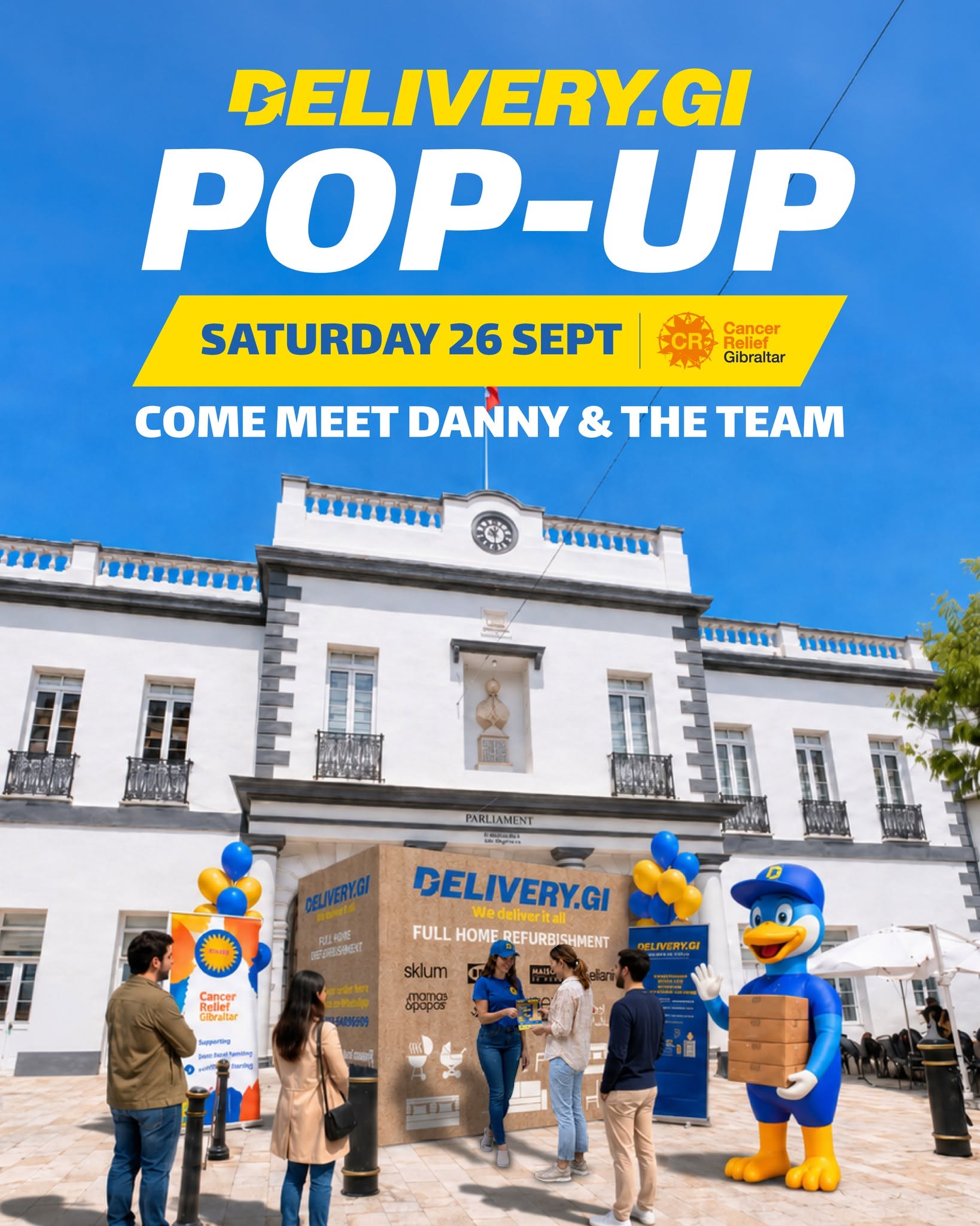 Delivery.gi pop-up poster — Saturday 26 September at John Mackintosh Square, Gibraltar: come meet Danny and the team, in aid of Cancer Relief Gibraltar